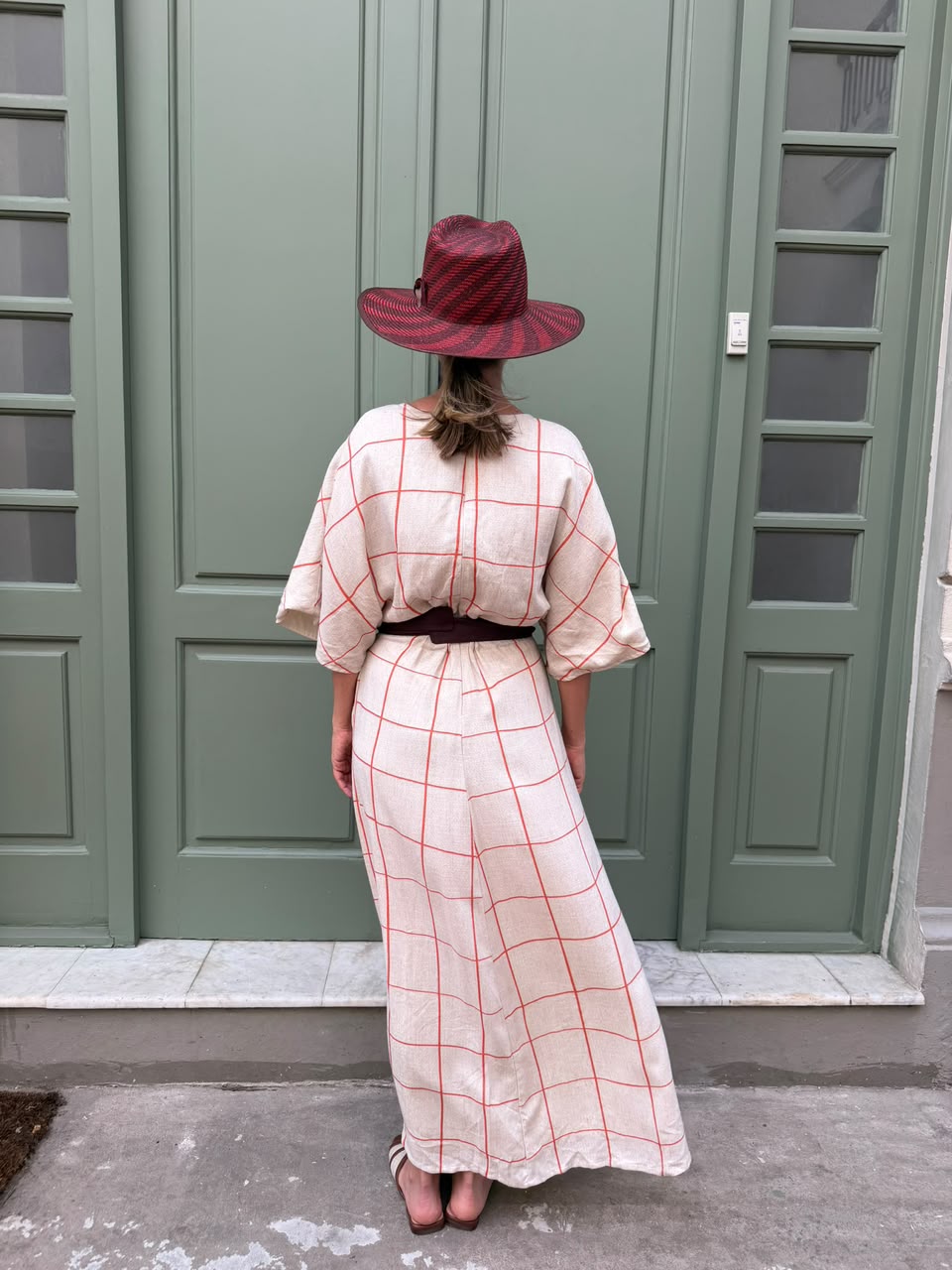 Long V-Neck Plaid Dress