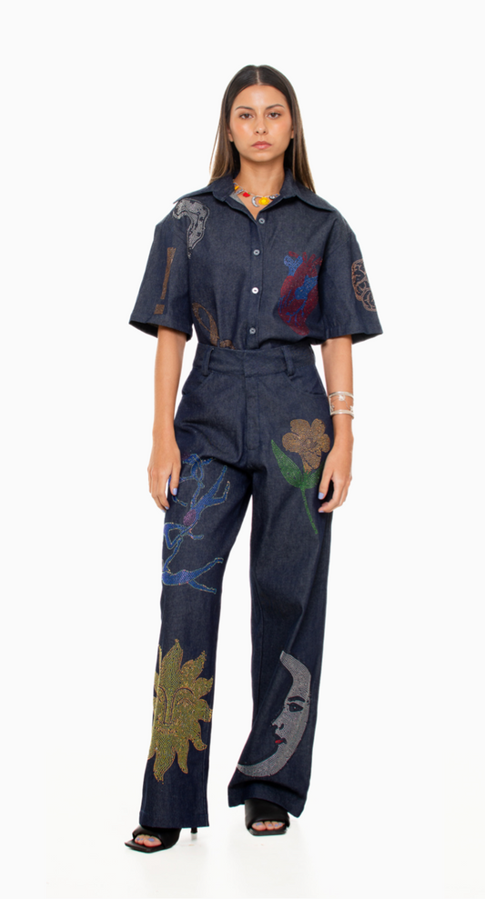 Crystal Embellished Denim Pants