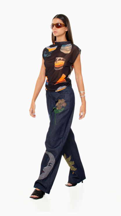 Crystal Embellished Denim Pants
