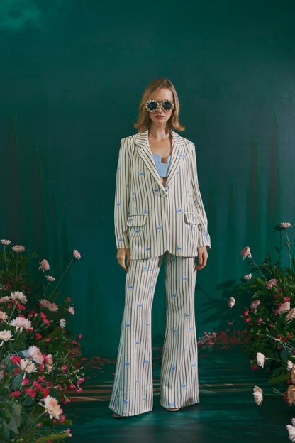 Ivory and Blue Striped Bloom Pants