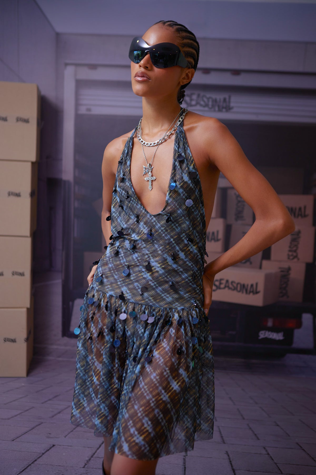 Night Grid Embroidered Mesh Dress