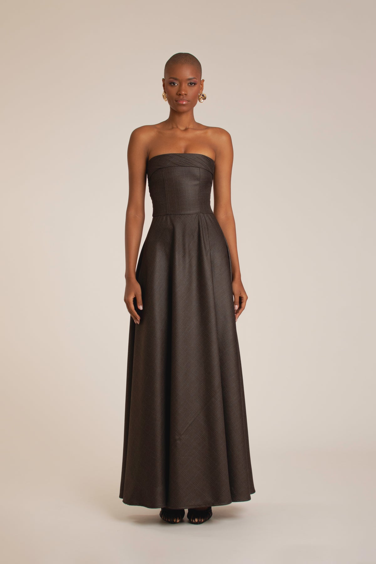 Mocha Plaid Strapless Maxi Dress