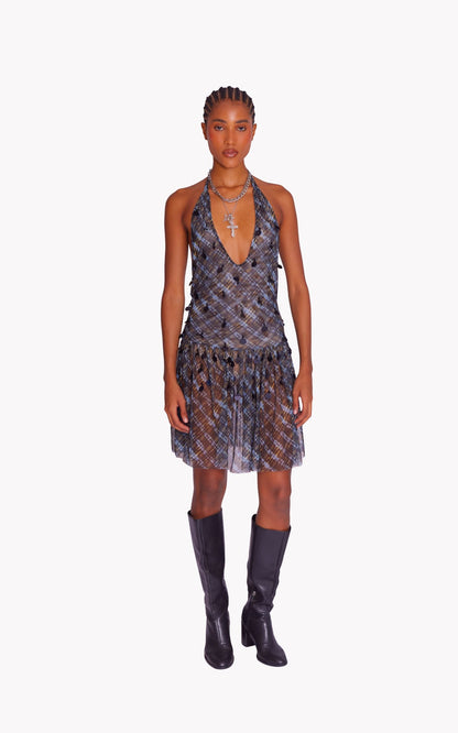Night Grid Embroidered Mesh Dress