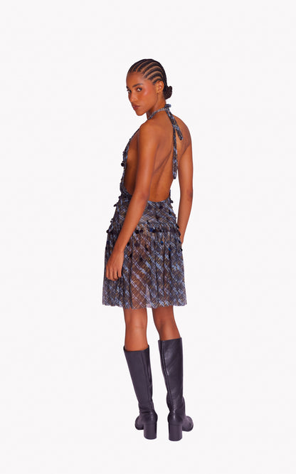 Night Grid Embroidered Mesh Dress