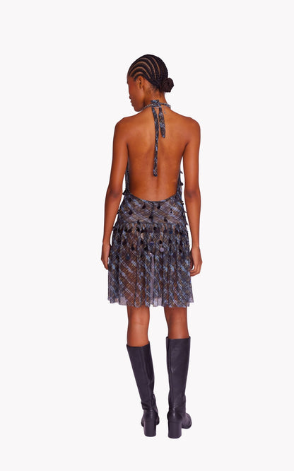 Night Grid Embroidered Mesh Dress