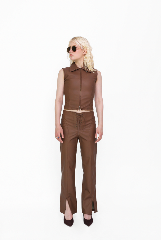 Lace Up Pants in Brown Leather