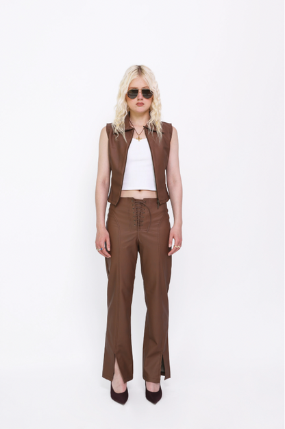 Lace Up Pants in Brown Leather
