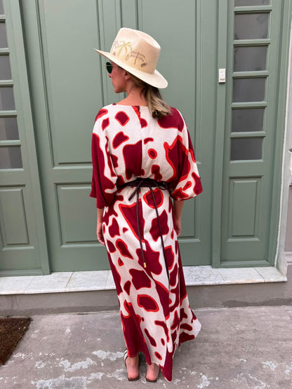 Vestido Cuello en V Largo Rojo Cowprint