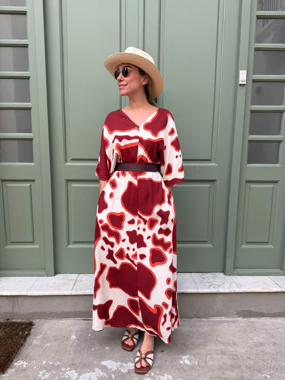 Vestido Cuello en V Largo Rojo Cowprint