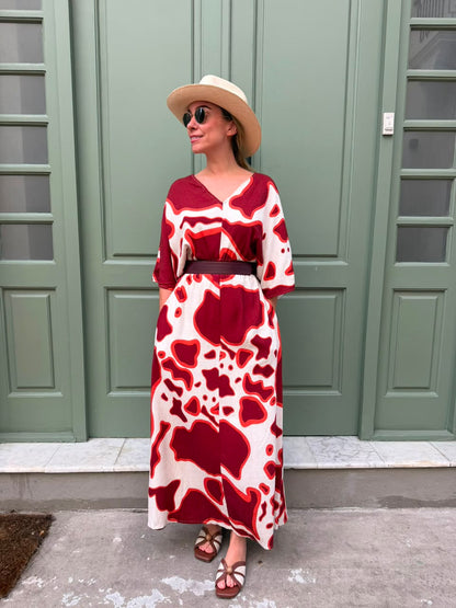 Vestido Cuello en V Largo Rojo Cowprint
