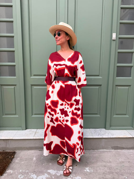Vestido Cuello en V Largo Rojo Cowprint