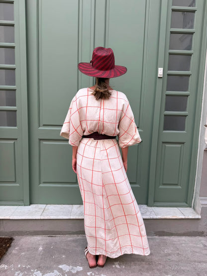 Long V-Neck Plaid Dress