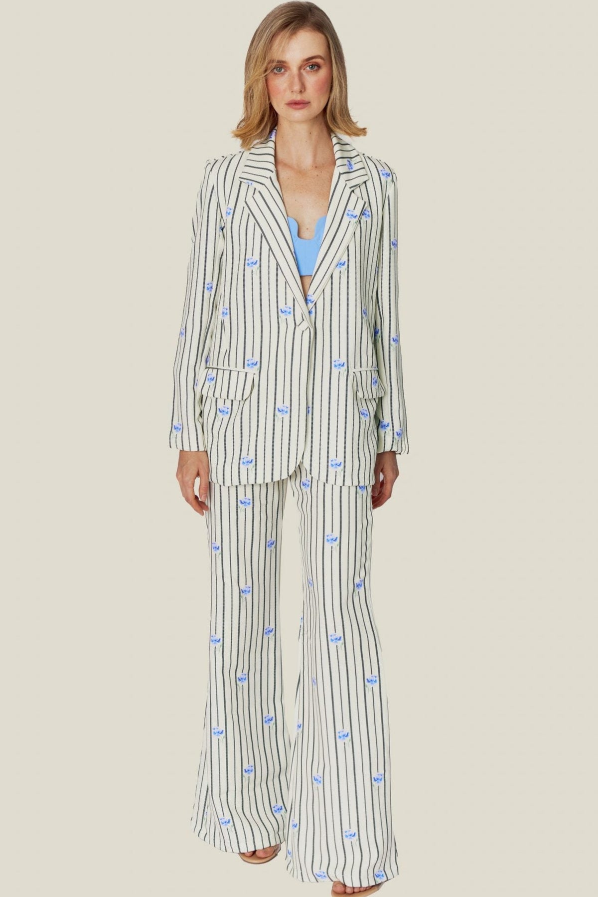 Ivory and Blue Striped Bloom Pants