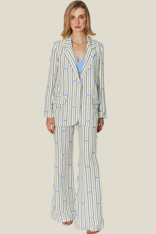 Ivory and Blue Striped Bloom Pants