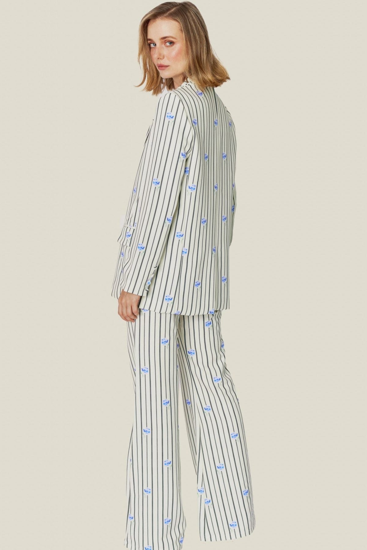 Ivory and Blue Striped Bloom Pants