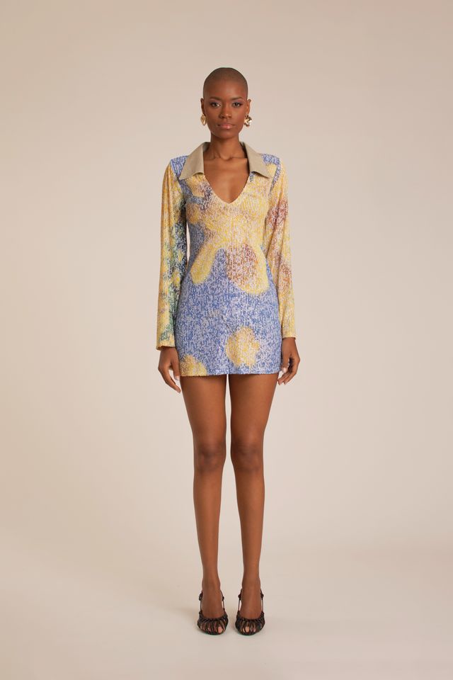 Yellow Bell Flowers Sequins Mini Dress