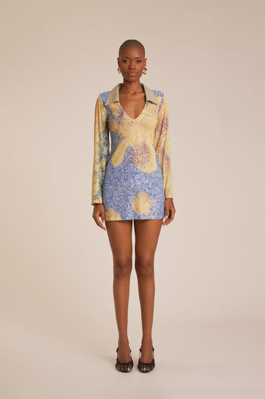 Yellow Bell Flowers Sequins Mini Dress